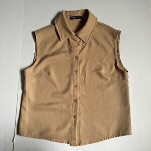 SHEIN Tan Sleeveless Collared Button Down Shirt, Size S, NWOT